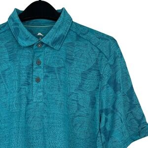 Tommy Bahama IslandZone Polo Shirt Mens L Tropical Leaf Print Short Sleeve Teal